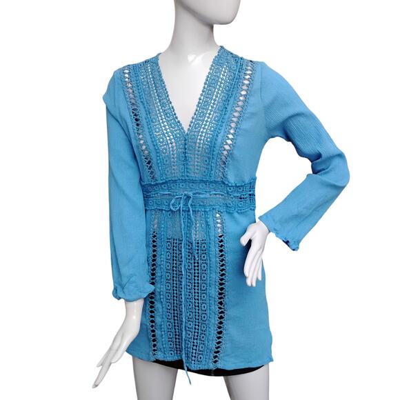 Gauze Tunic Top Size XS Blue Long Sleeve Pullover Waist Drawstring V Neck - Picture 1 of 7